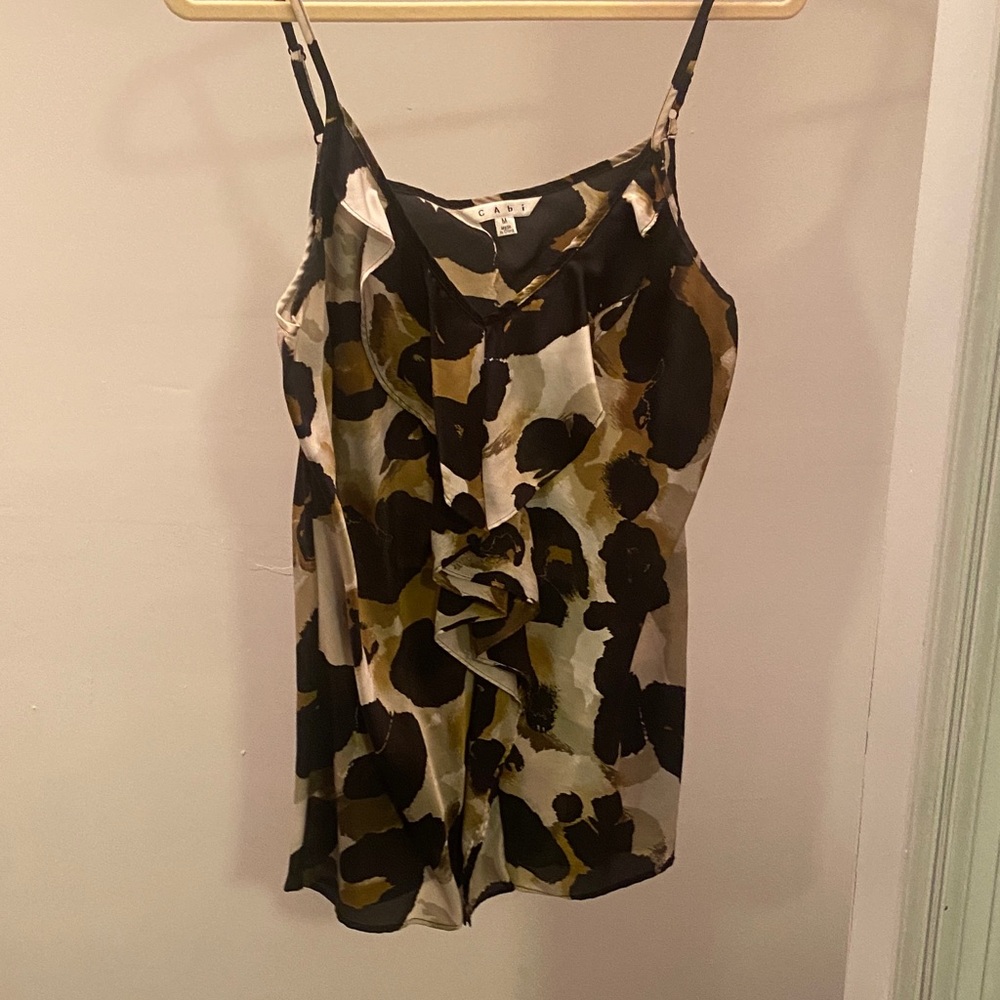 CAbi Olive, Black and Cream Printed Silk Camisole